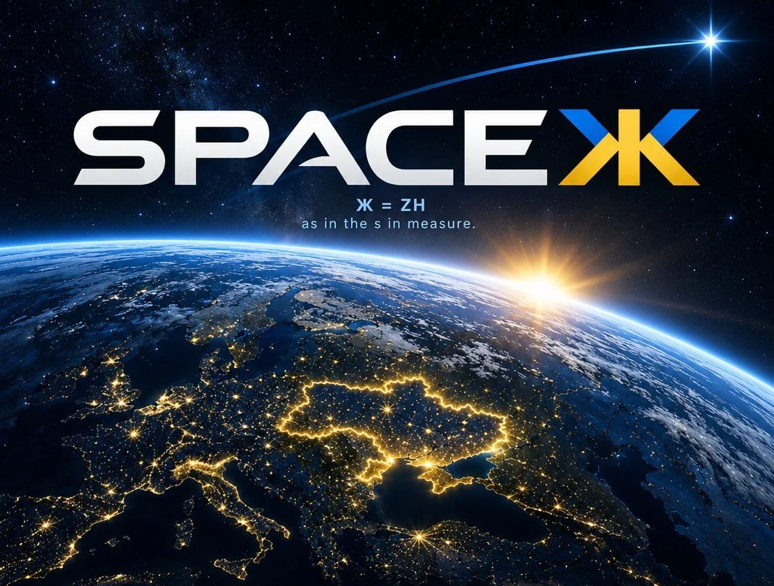 SpaceЖ launch artwork with Ukraine outlined in gold on Earth from orbit, beneath a blue-and-yellow SpaceЖ emblem